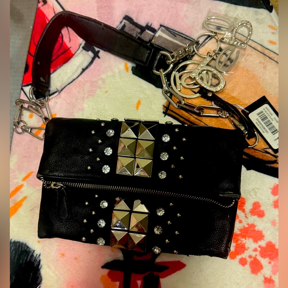 Bebe black rhinestones and stud clutch/ purse with shoulder strap